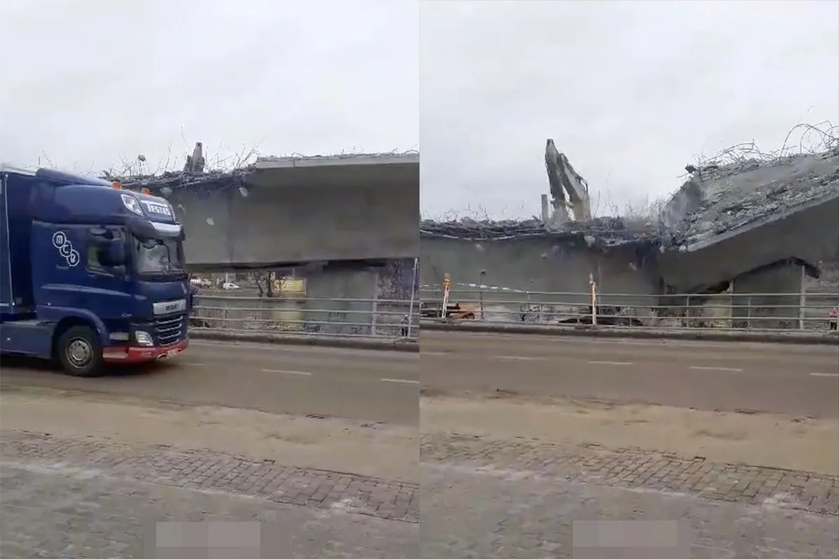 Vrachtwagen is net op tijd weg op te slopen brug in Belgische Wijnegem