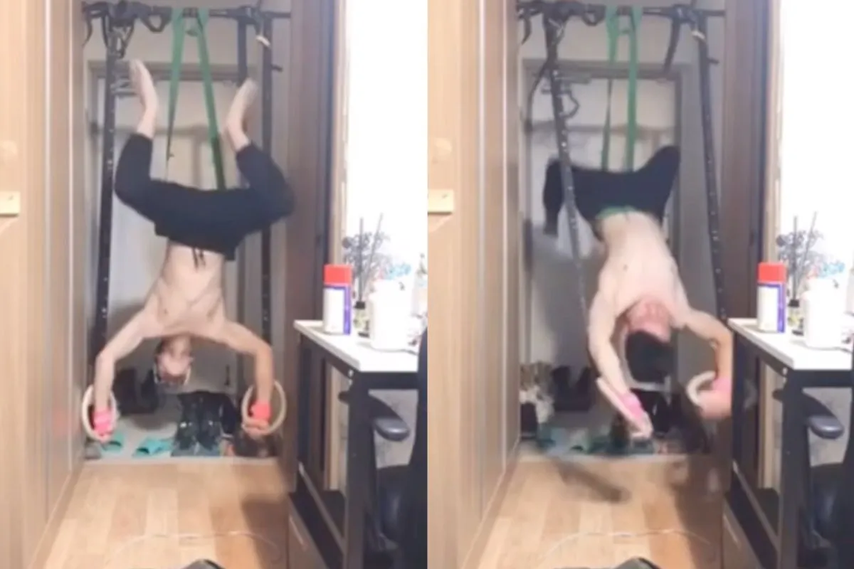 Thuis workout gaat deze patser bijna helemaal goed af