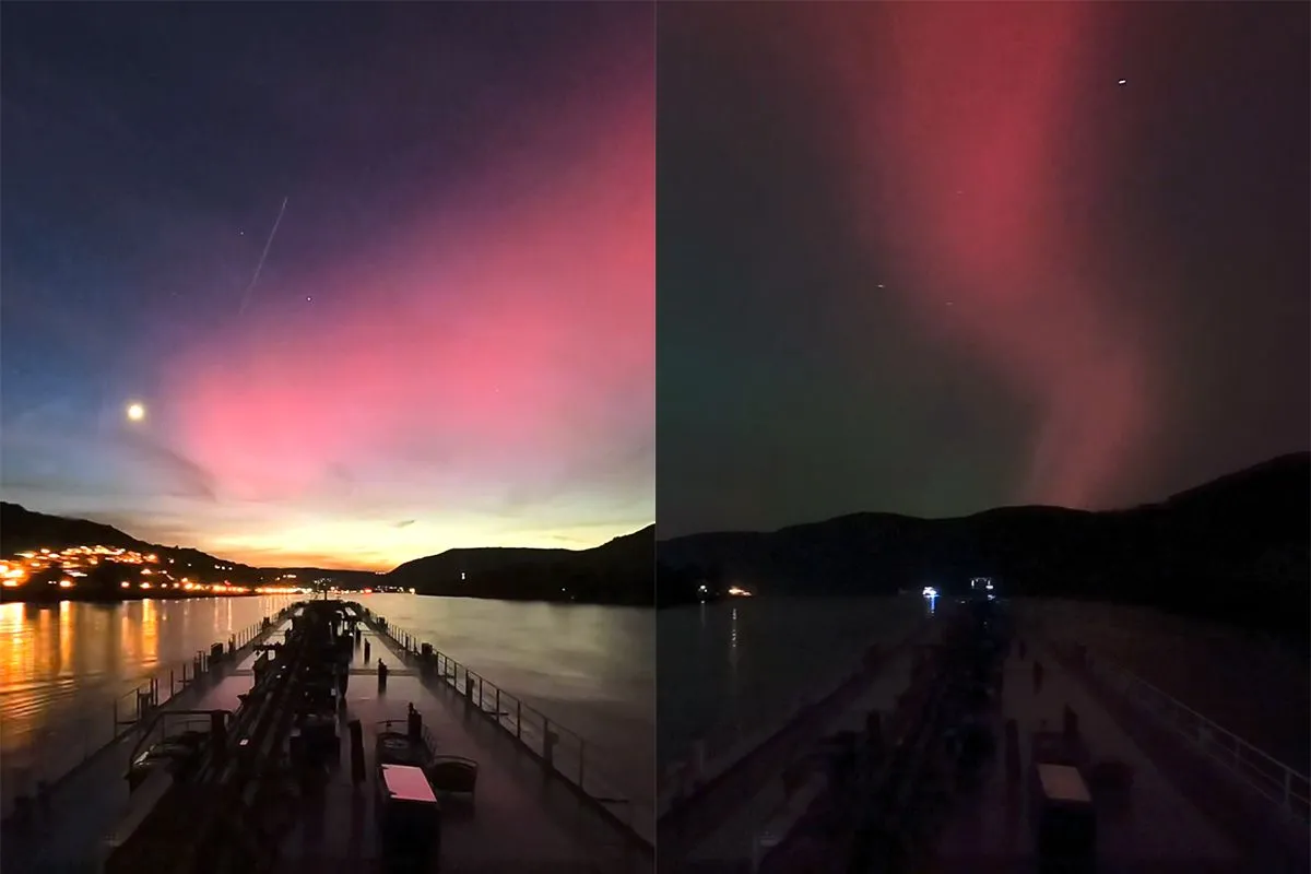 Binnenvaartschipper heeft tijdens varen echt mooi uitzicht op het noorderlicht