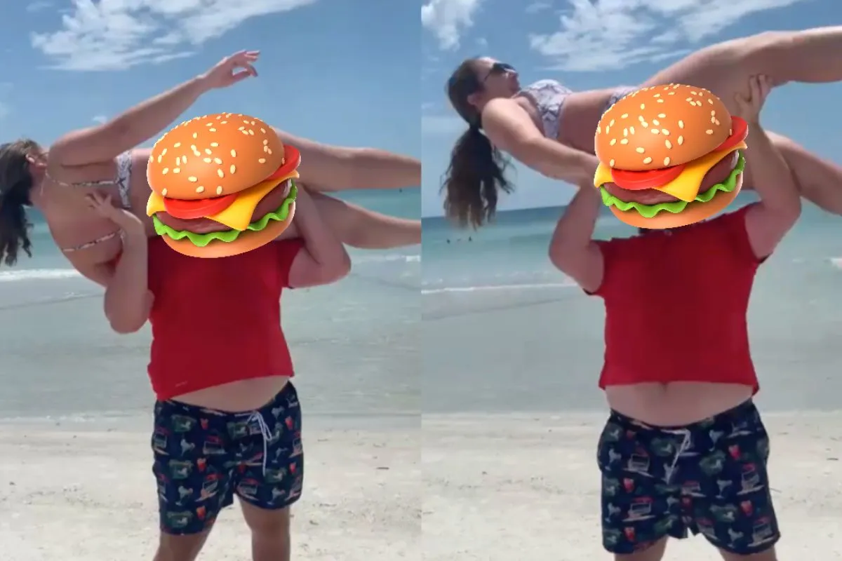 Vrouw de dupe als haar vent stoer probeert te doen op het strand