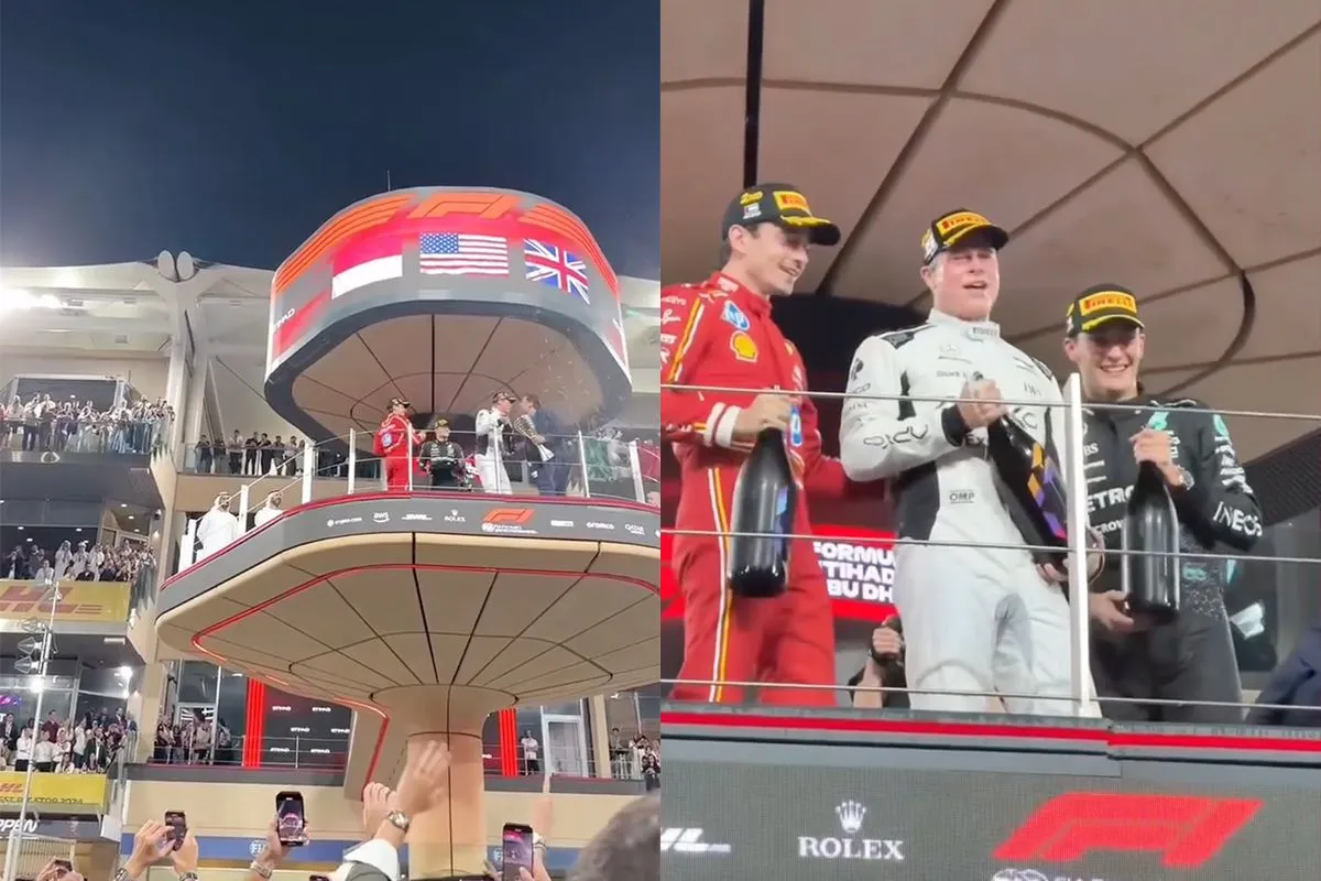 Brad Pitt voor film "F1" als winnaar op podium met Charles Leclerc en George Russell
