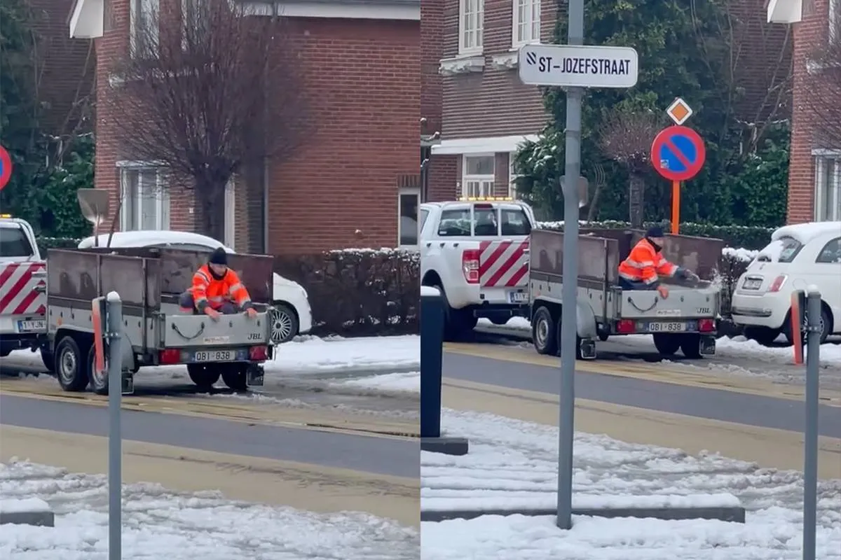 Medewerker van de maand strooit efficient zout in het Belgische Hechtel-Eksel