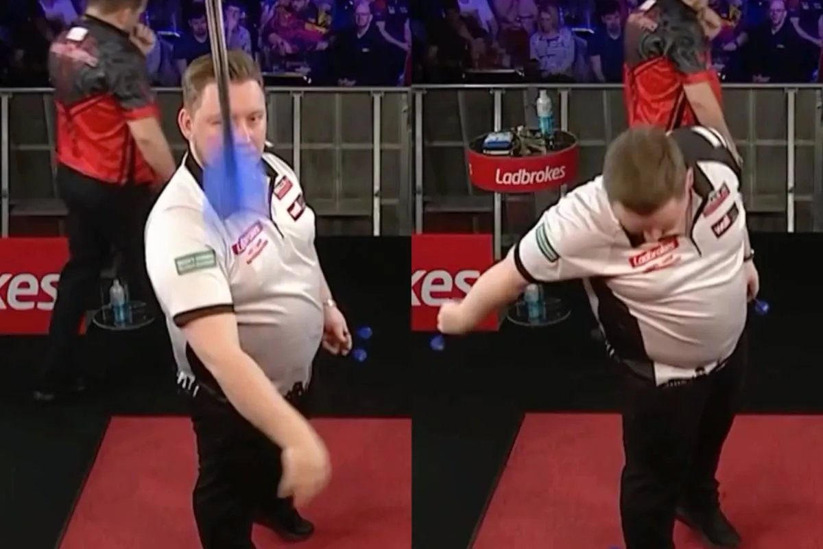 Darter Martin Schindler kwam goed weg nadat een pijltje hem bijna te grazen had