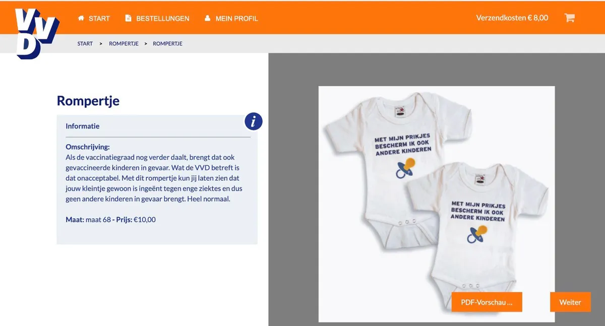 Kritiek op babykleding met pro-vaccinatieteksten in VVD-webshop: "Met mijn prikjes bescherm ik ook andere kinderen"