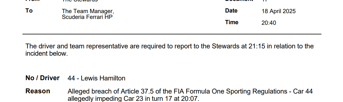 FIA-Dokument, das Lewis Hamilton vorlädt