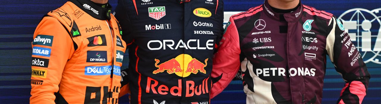 Lando Norris, Max Verstappen en Kimi Antonelli na de kwalificatie in Miami