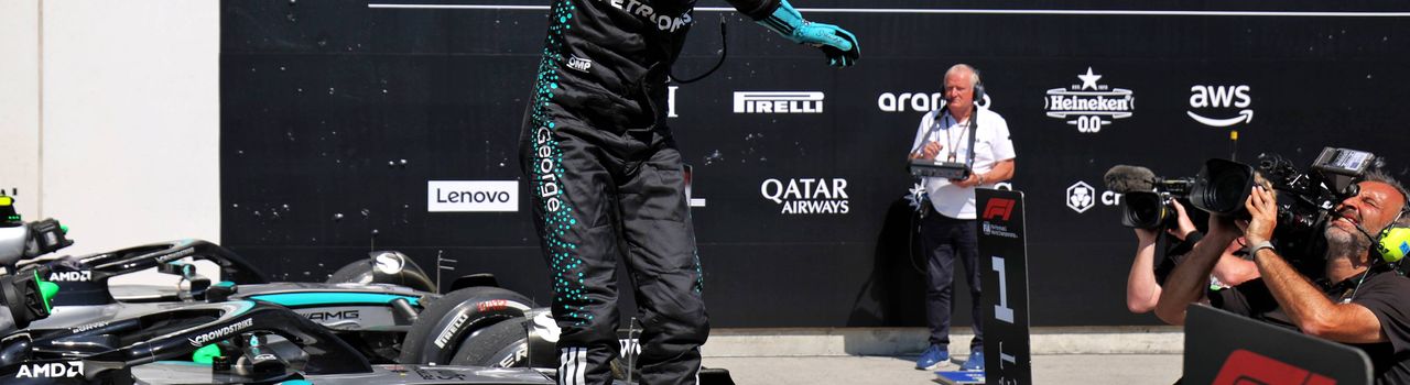 George Russell celebrating his victory in Canada