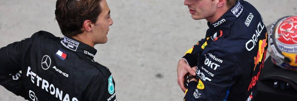 George Russell en conversación con Max Verstappen, con los dos ya teniendo un punto de fricción en su rivalidad en 2025 después del Gran Premio de España