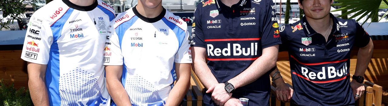 Max Verstappen con Yuki Tsunoda, Liam Lawson e Isack Hadjar en el Gran Premio de Mónaco.