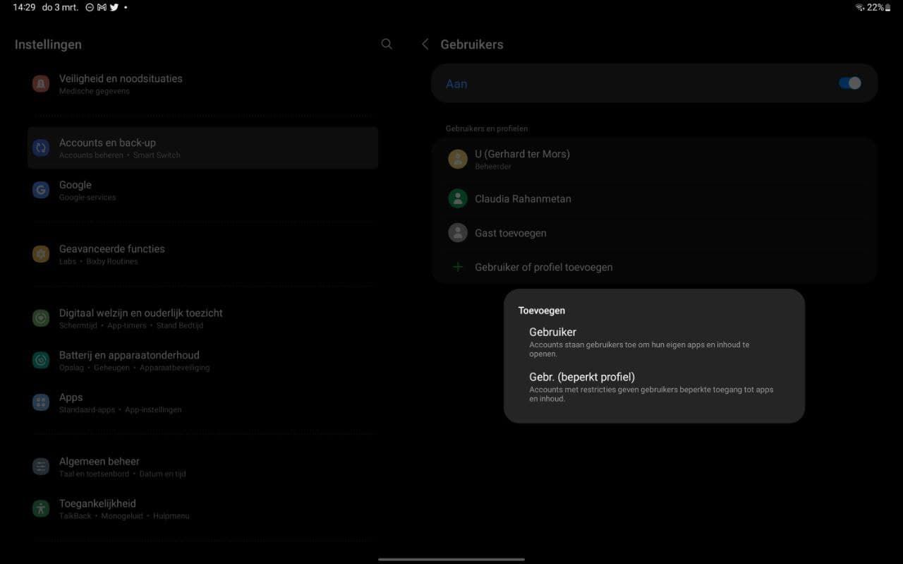 Tweede gebruiker op Samsung Galaxy Tab S8 kan tablet niet volledig gebruiken
