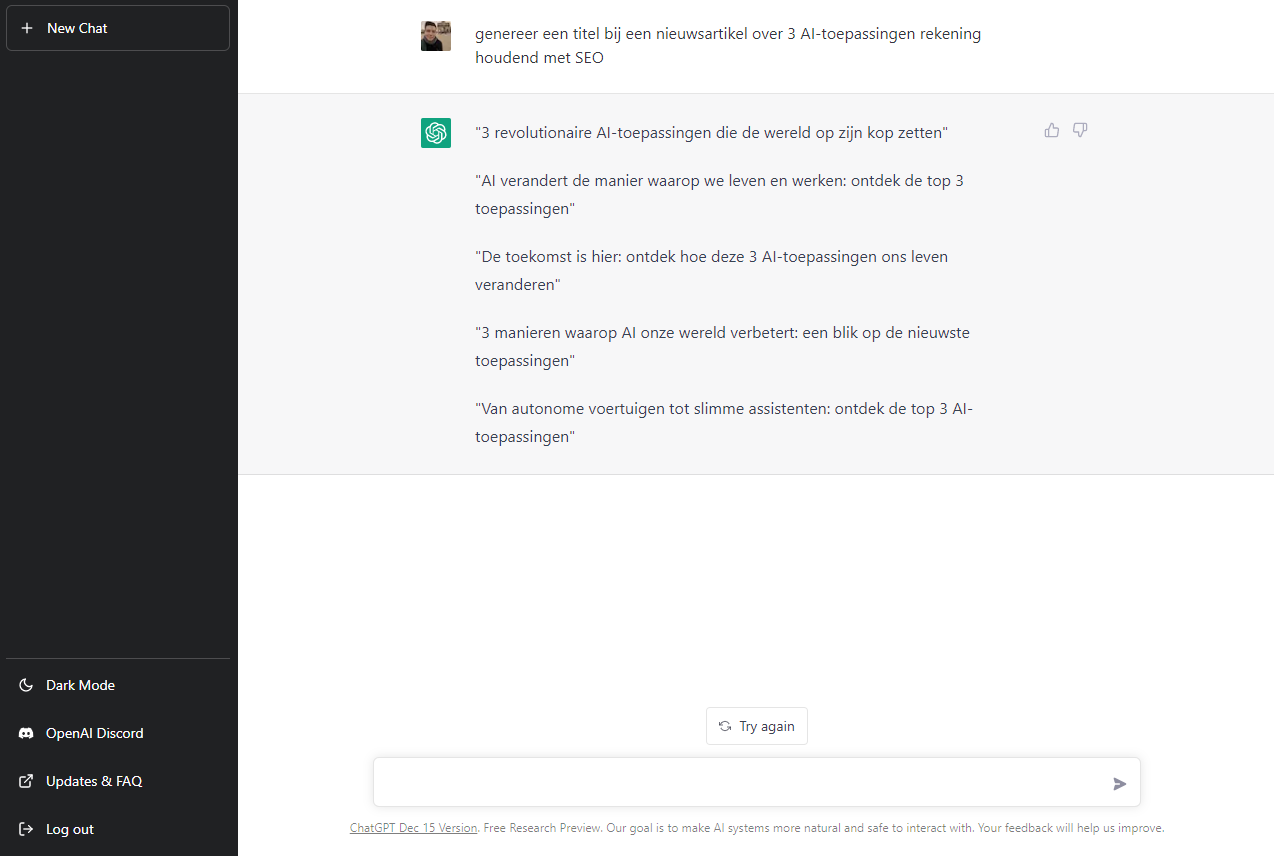 ChatGPT bedenkt titels voor zijn eigen artikel van Androidworld