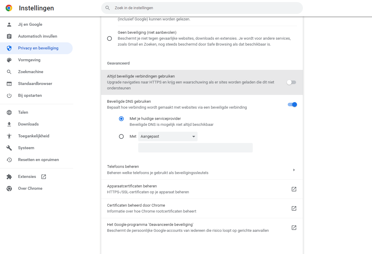 De instelling in de desktopversie van Chrome