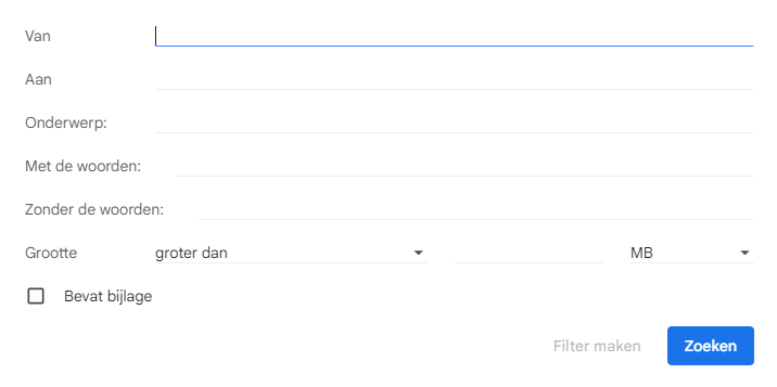 Criteria om mails te filteren in Gmail