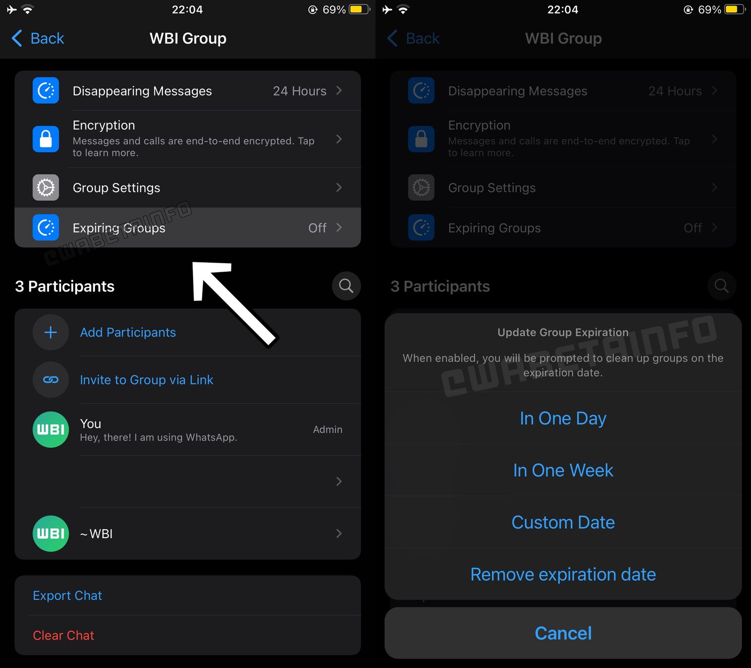 De zelfvernietigende functie in WhatsApp heet 'Expiring groups'
