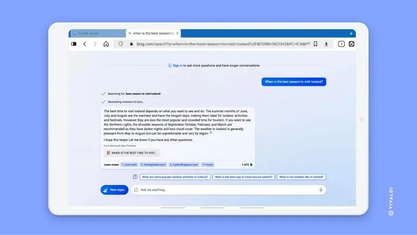 Vivaldi Browser: Microsoft Edge is niet meer nodig om Bing Chat te gebruiken