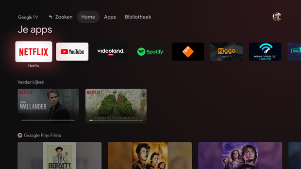 Het beginscherm in Google TV