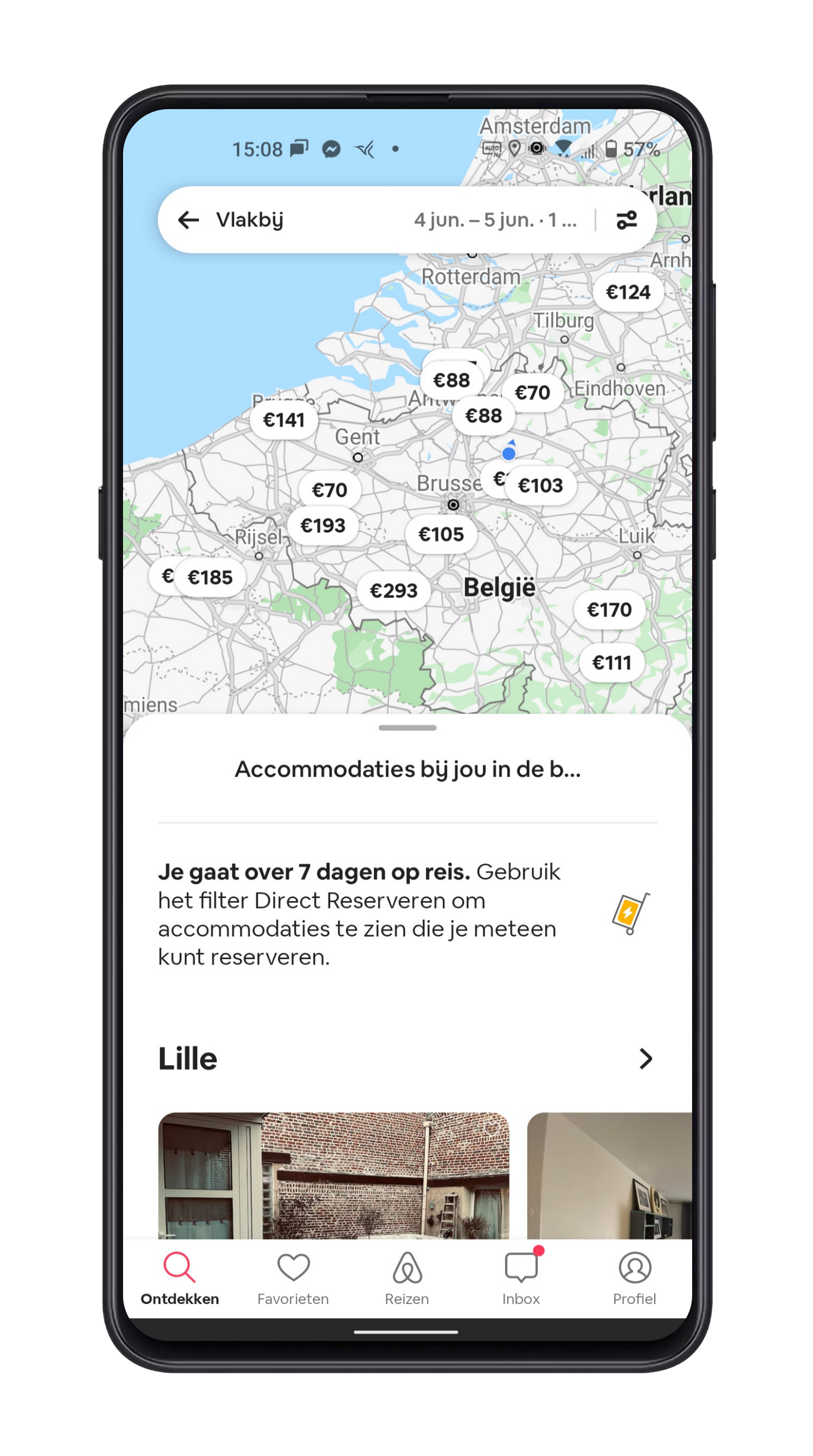 Airbnb raadt ook aan om Direct reserveren aan te zetten in de filters