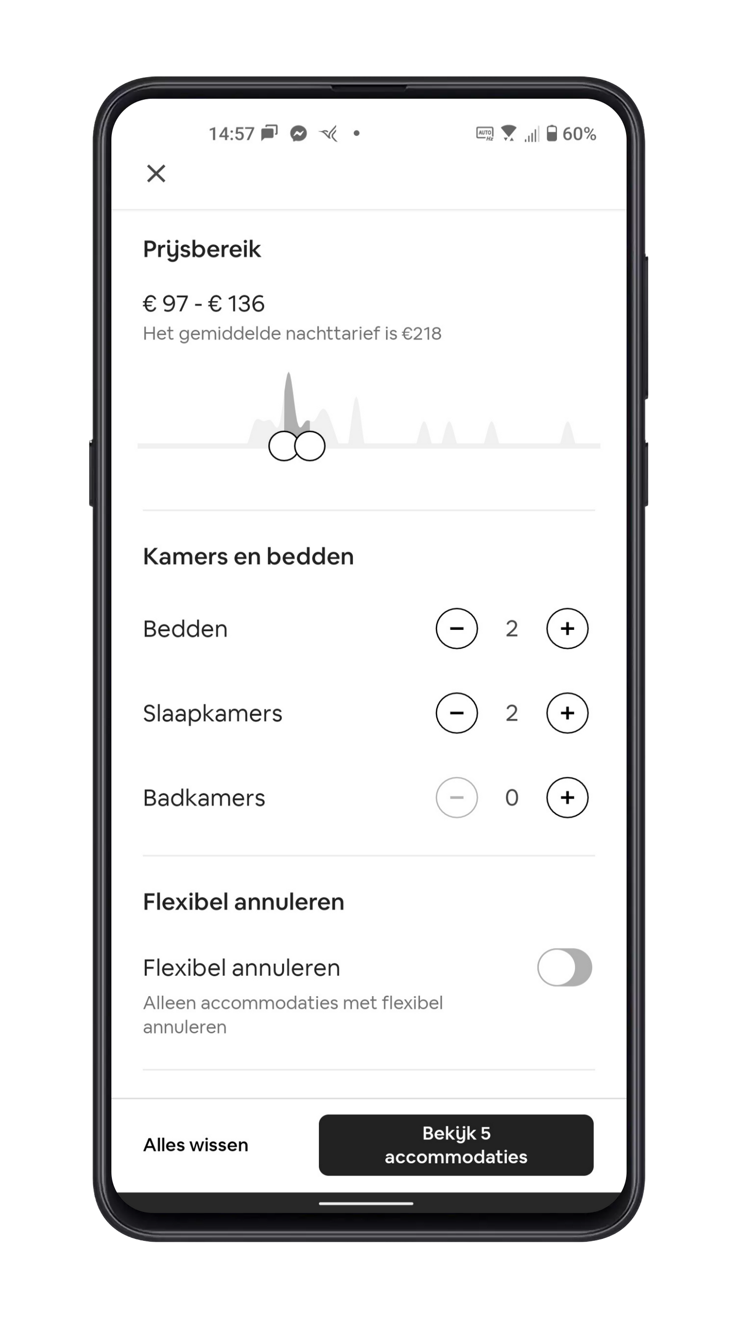 Het prijsbereik en het aantal kamers en bedden