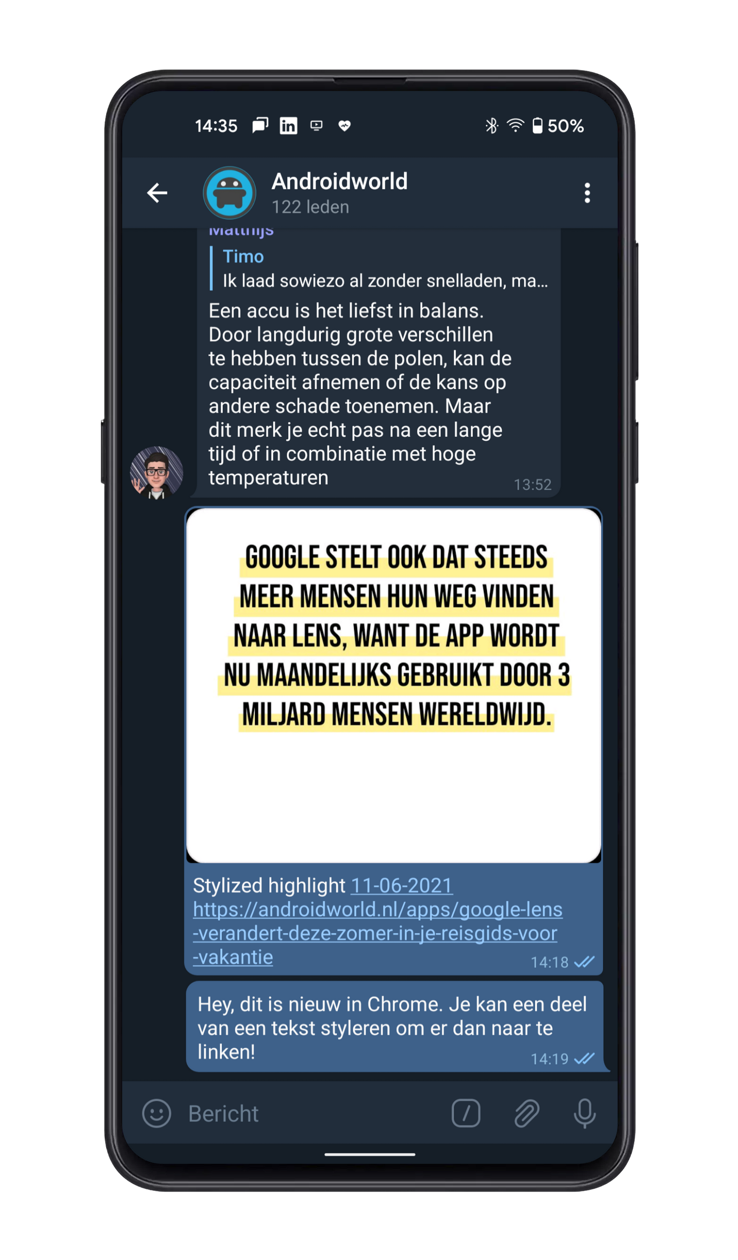 Een voorbeeld van een stukje gestileerde tekst, gedeeld in Telegram.