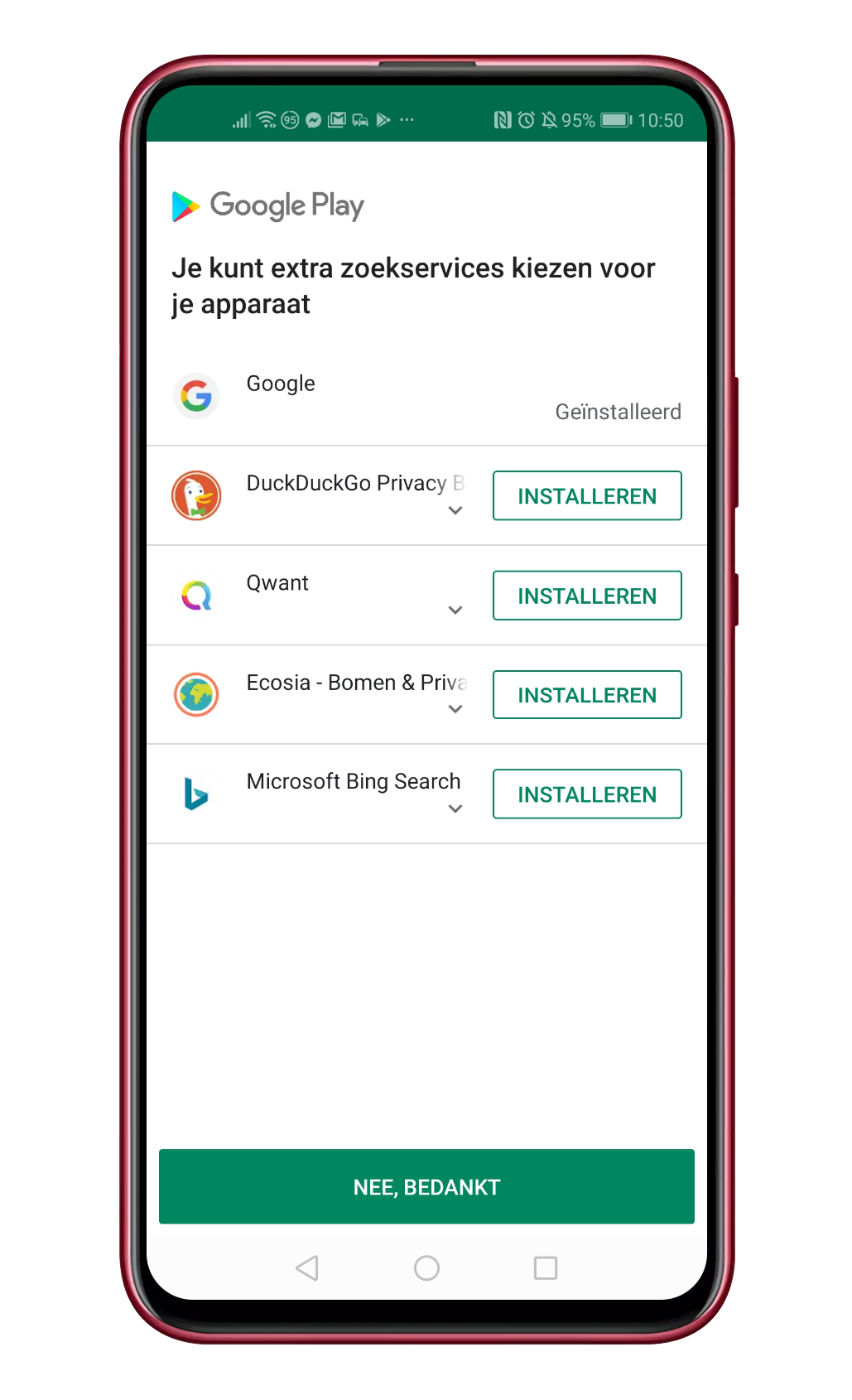 Het keuzescherm voor zoekmachines dat nu al in de Play Store verschijnt