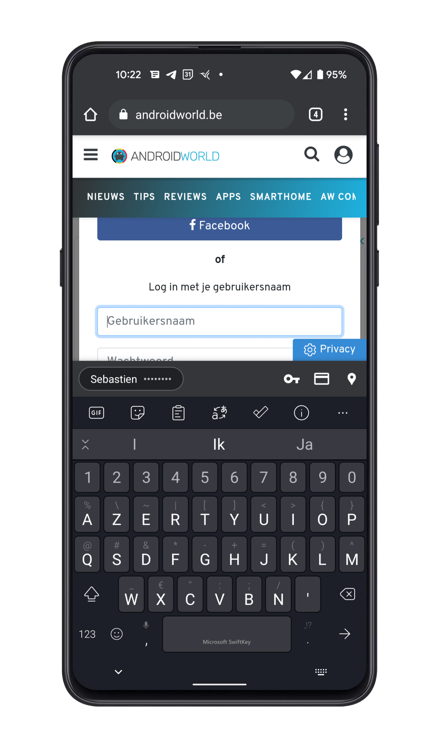 De wachtwoordsuggestie in SwiftKey beta