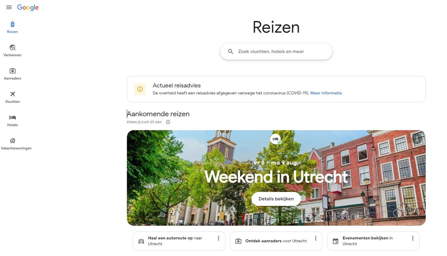 Aankomende reizen in Google Reizen