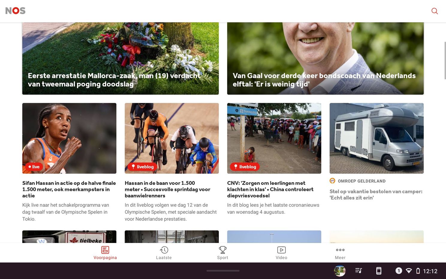 Standaard voorpagina-weergave in de NOS-app