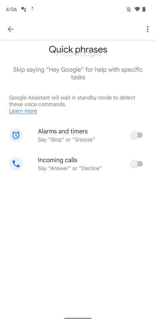 Screenshot van de twee soorten Quick phrases voor telefoons