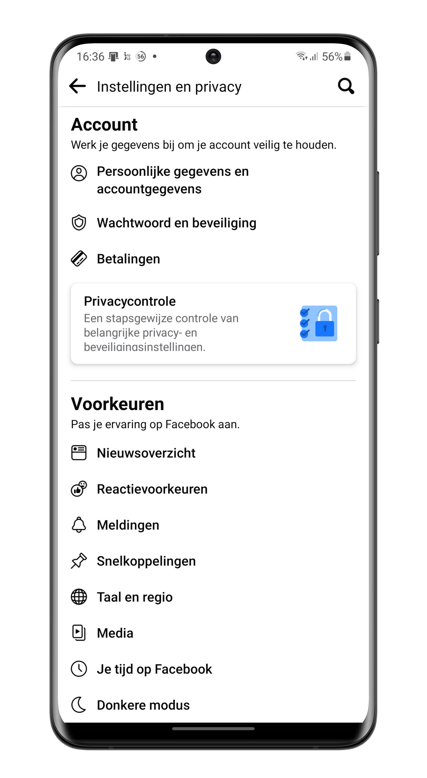 De dark mode in de instellingen van de Facebook-app