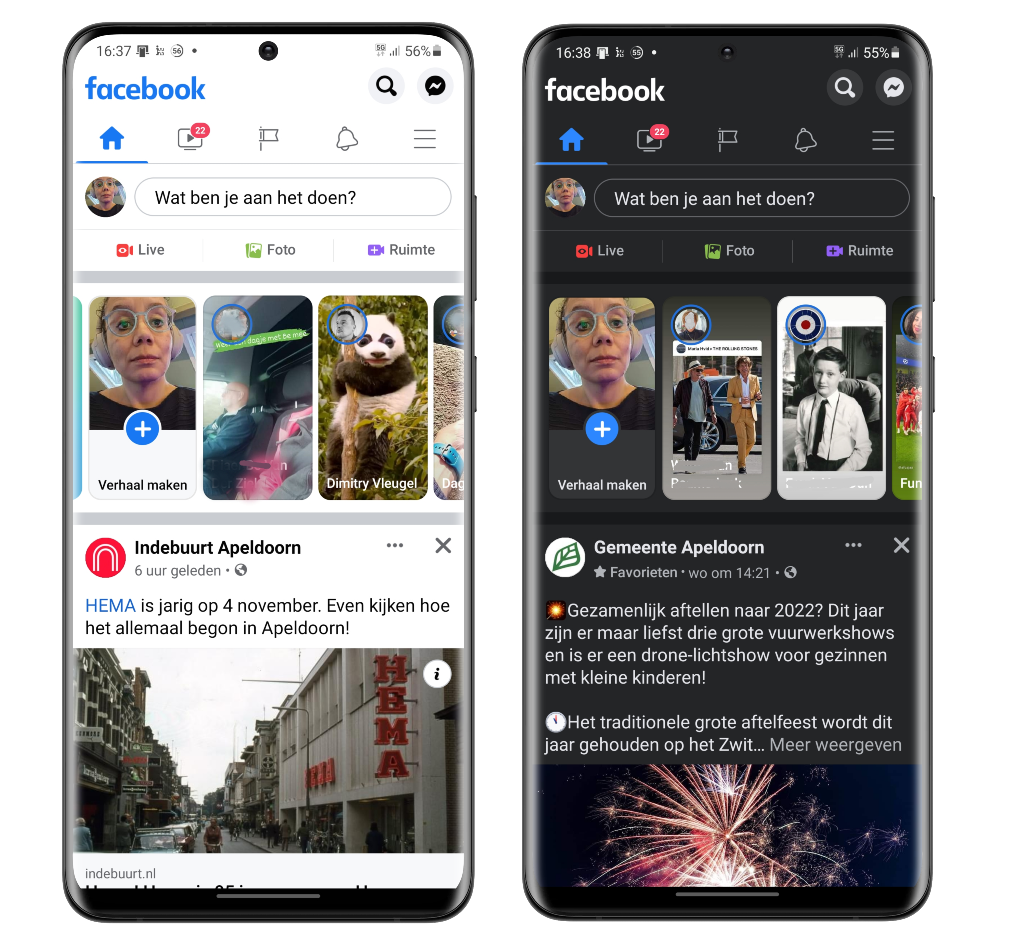 De lichte en de donkere modus in Facebook