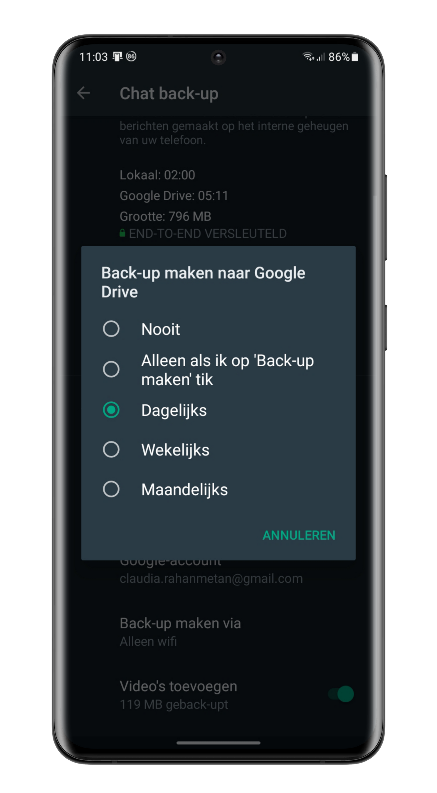 Frequentie van Google Drive-back-up instellen