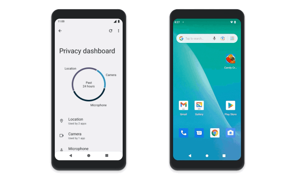 Links het privacy dashboard. Rechts zie je een groen notificatie balkje verschijnen, deze laat zien dat een app je camera gebruikt. 