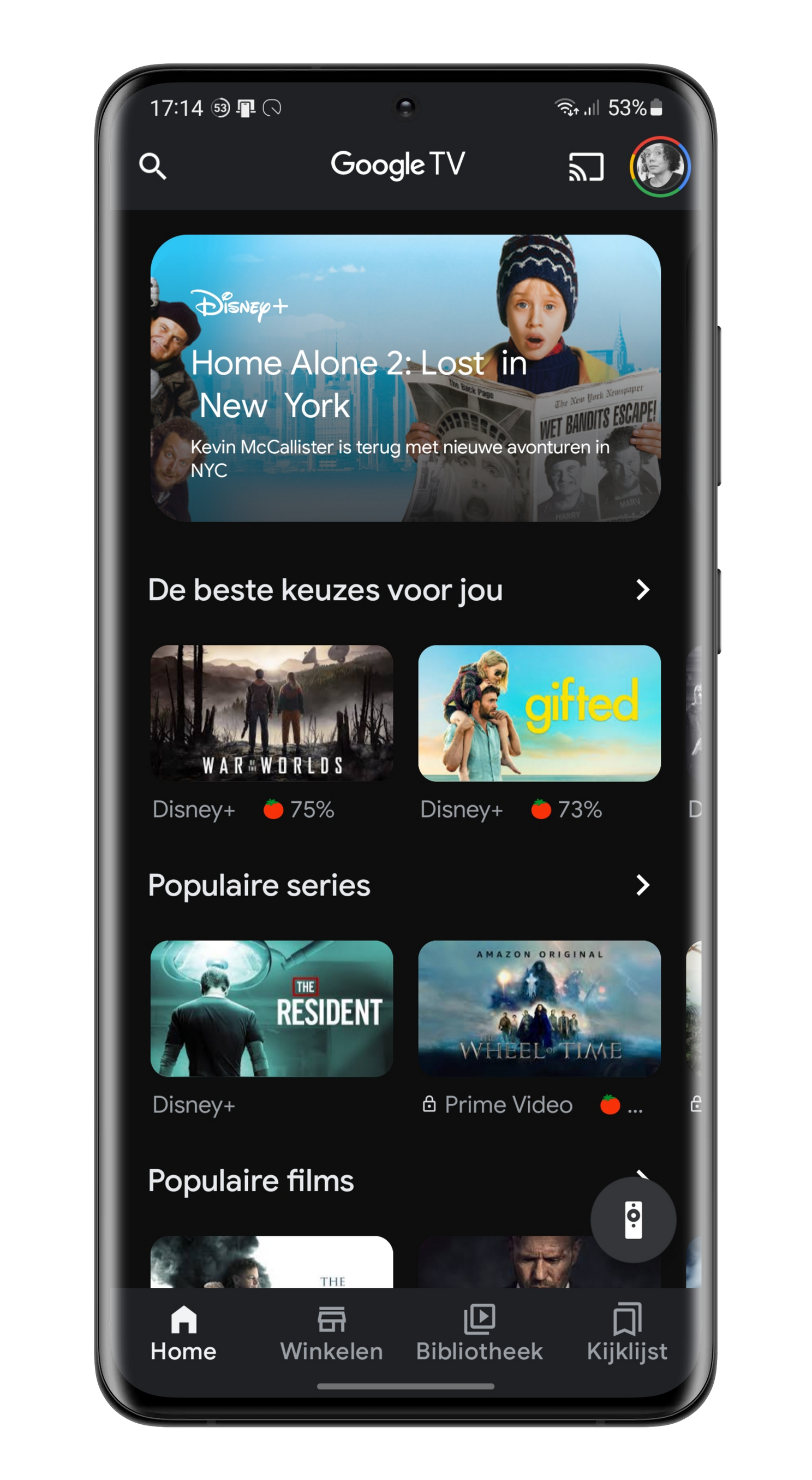 Het beginscherm van de Google TV-app