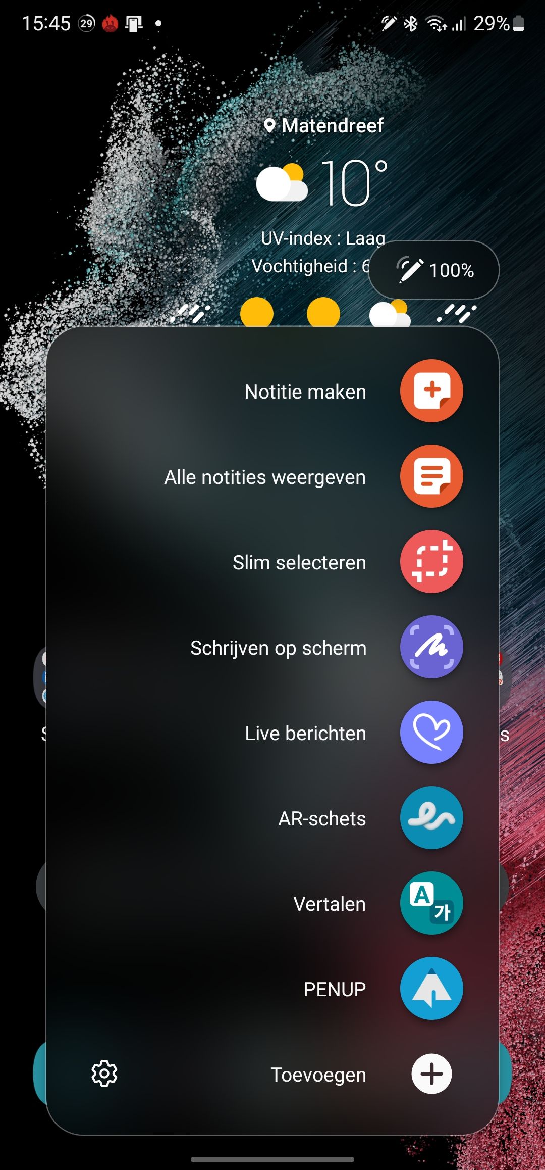 Air Command-menu dat tevoorschijn komt als je de S Pen uit de behuizing haalt