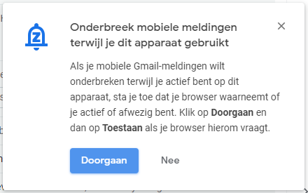 De pop-up-melding die in Gmail op desktop verschijnt