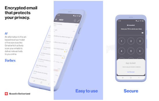 Beelden van de app Protonmail in de Google Play Store