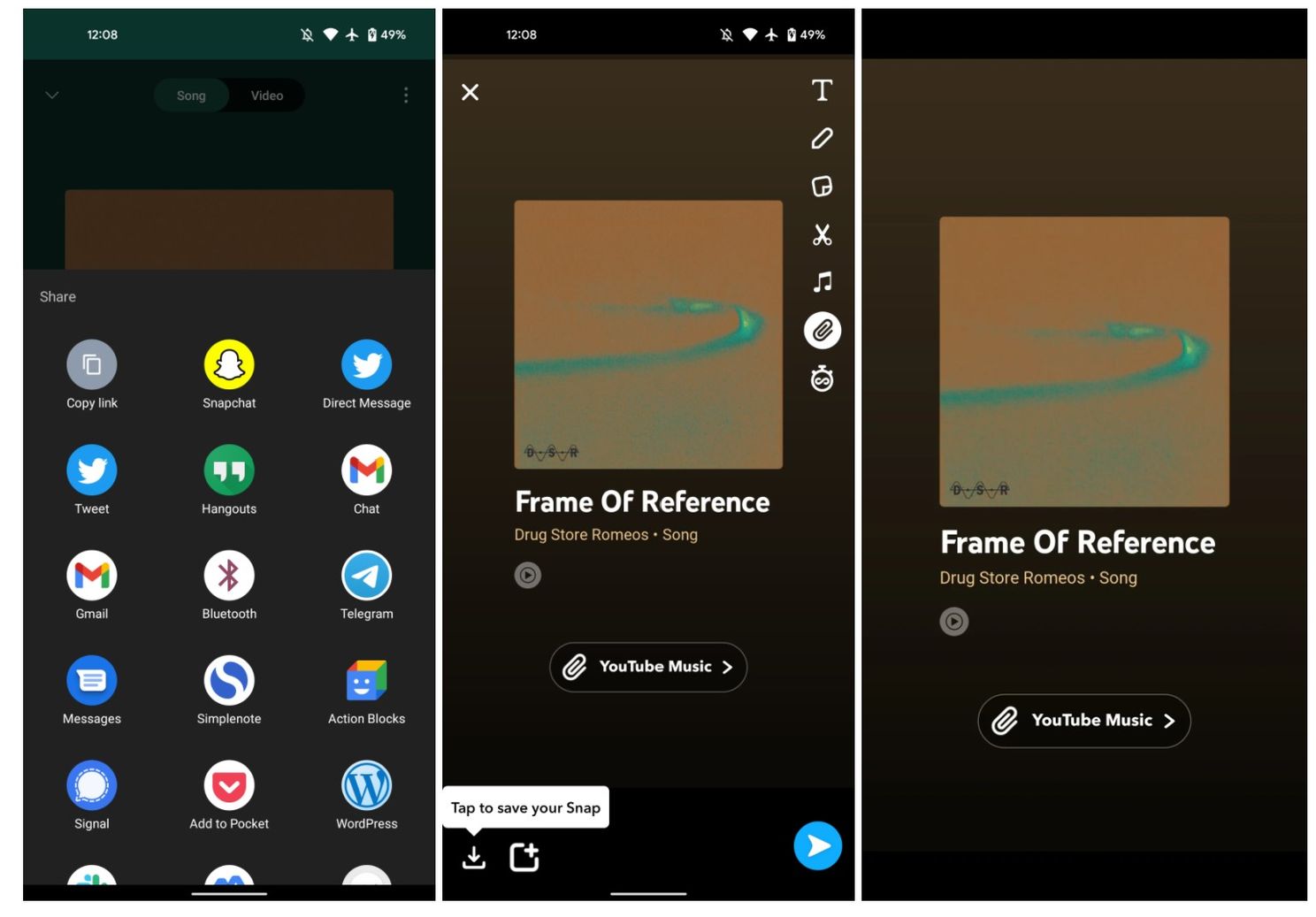 Je kunt nu YouTube Music-nummers delen via Snapchat