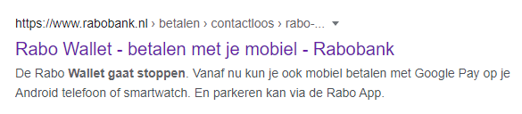De bewuste tekst in de meta-omschrijving van de Rabobank-website
