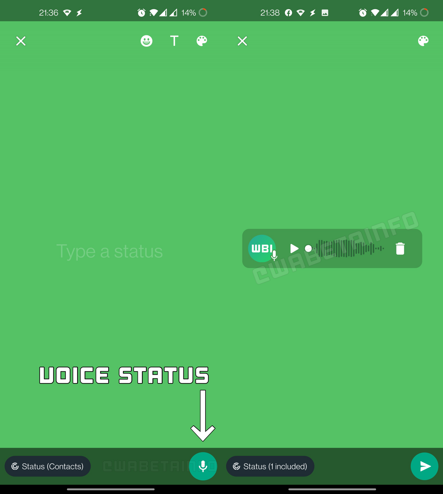 Dit is de knop om spraakupdates te versturen in WhatsApp Status