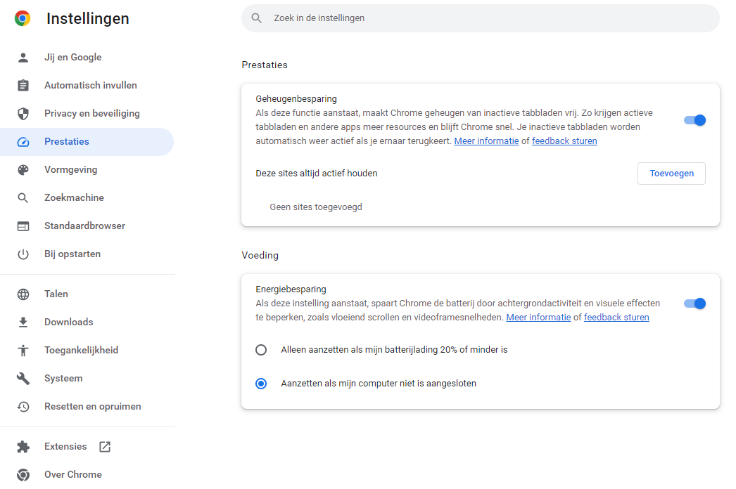 Het nieuwe menu Prestaties in Chrome
