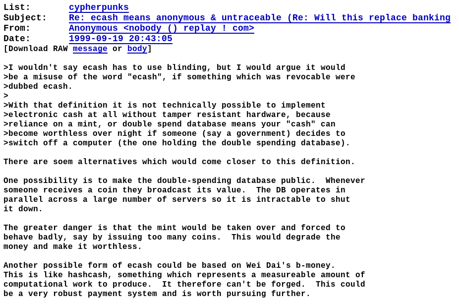 Ideologie Bitcoin in 1999 al beschreven in anonieme e-mail