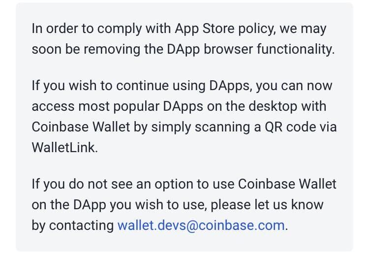 Censuur? Coinbase Wallet verwijdert browserfunctie DApps onder druk van Apple