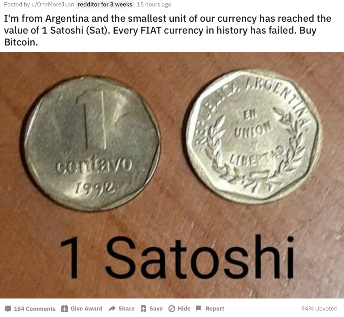 Een Argentijnse cent is net zoveel waard als 1 Satoshi door hyperinflatie