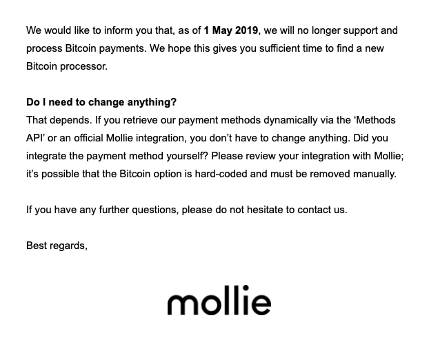 Update: Betaalprovider Mollie stopt met accepteren van bitcoin (BTC)