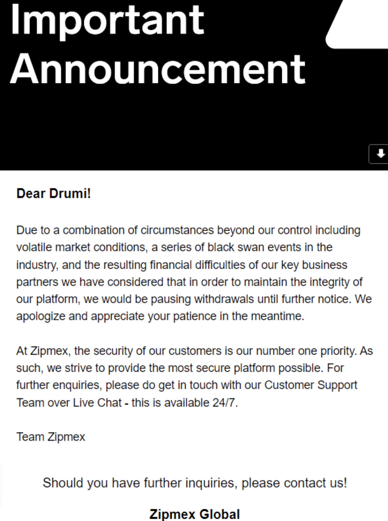 Update: Zipmex laat weer bitcoin opnames toe