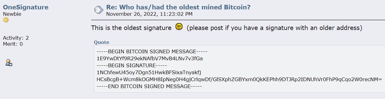 De oudste Bitcoin-handtekening die in omloop is, gedeeld door OneSignature. Bron: bitcointalk.org