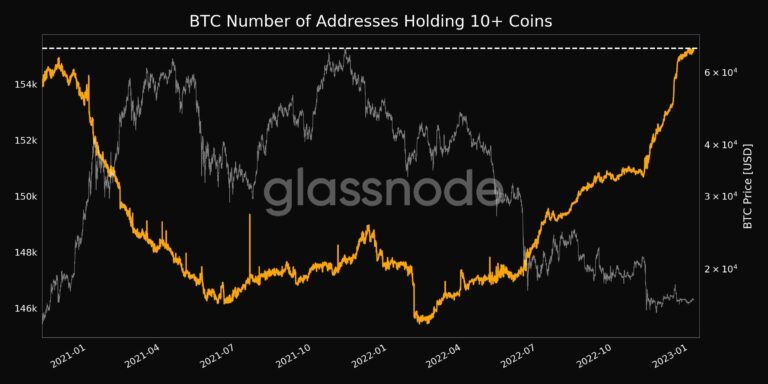 Er zijn ruim 150.000 bitcoin adressen met 10+ BTC, een tweejarig record