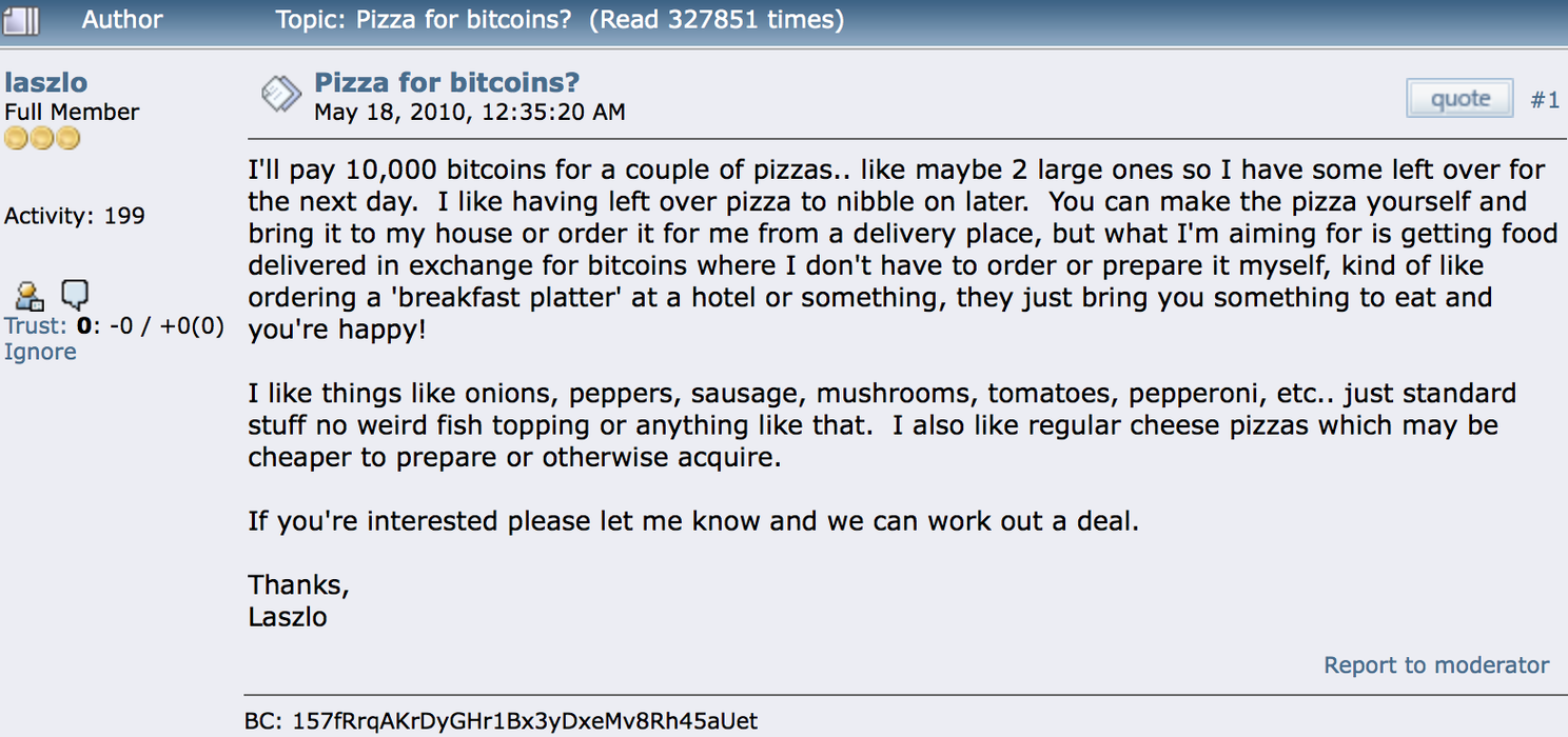 Goedemorgen Bitcoin: 2 pizza's voor 10.000 BTC