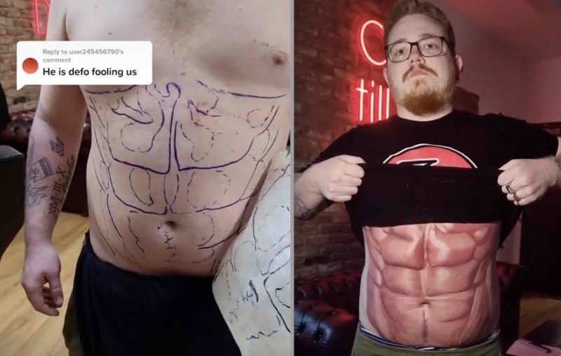 Luie vent blijkt genie te zijn nadat hij sixpack liet tatoeëren op zijn bierbuik (video/foto's)