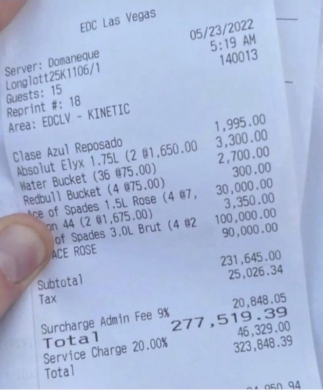 Vriendengroep toont trots rekening van 320.000 dollar na avondje zuipen op het EDC festival in Las Vegas